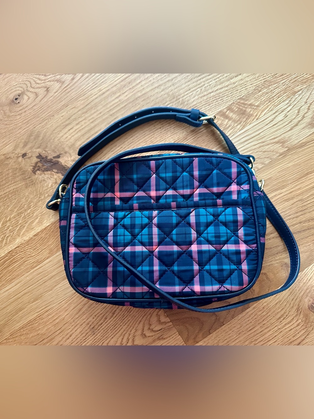 Talbots Quilted Navy and Pink Plaid Crossbody Bag